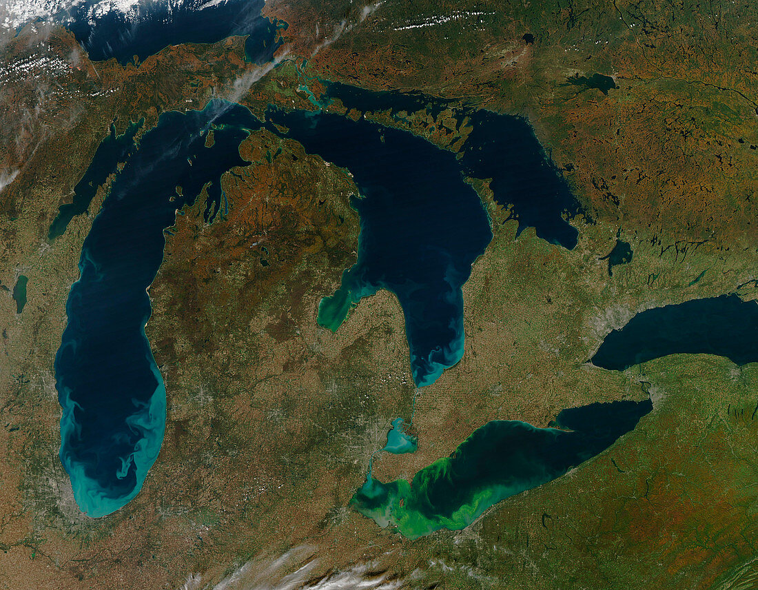 Sediment and algae, Great Lakes, USA, satellite image