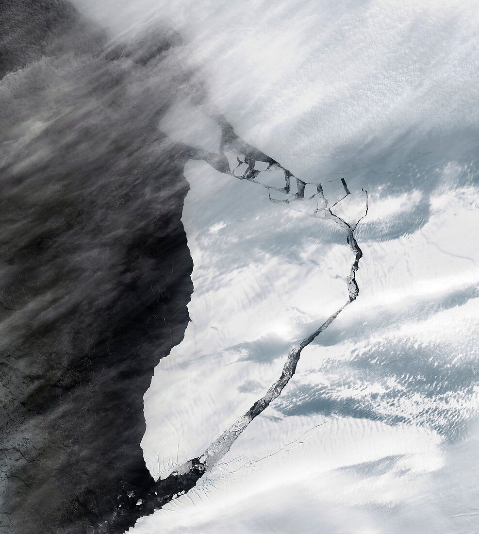 A-74 iceberg calving from Brunt Ice Shelf, satellite image