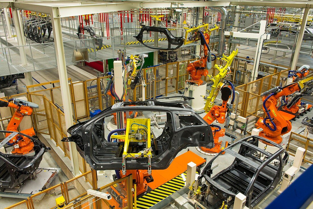 Robotic assembly line in a car factory