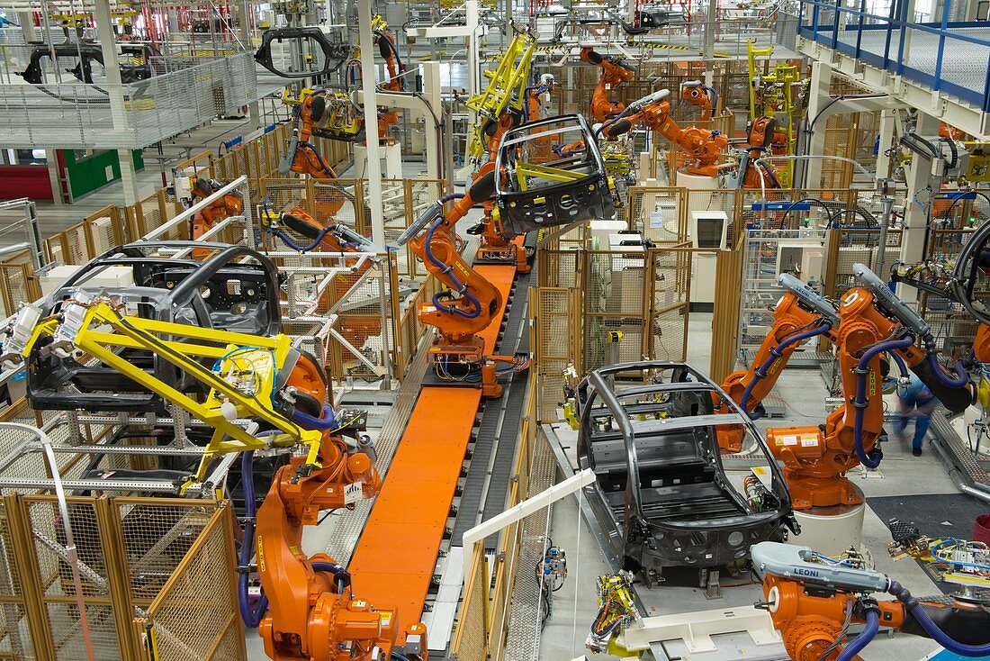 Robotic assembly line in a car factory