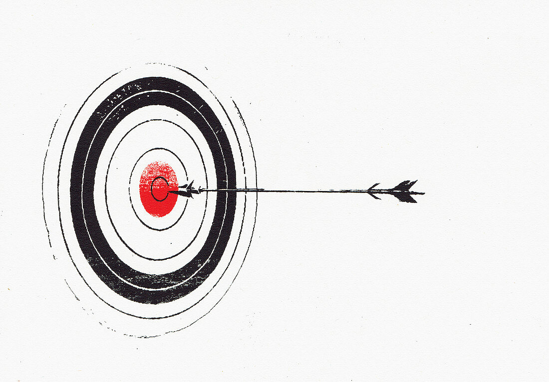 Arrow hitting bull's eye on target, illustration