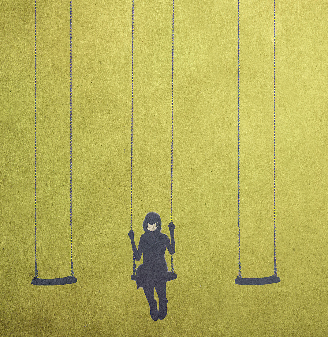 Girl on swing wearing a face mask, illustration