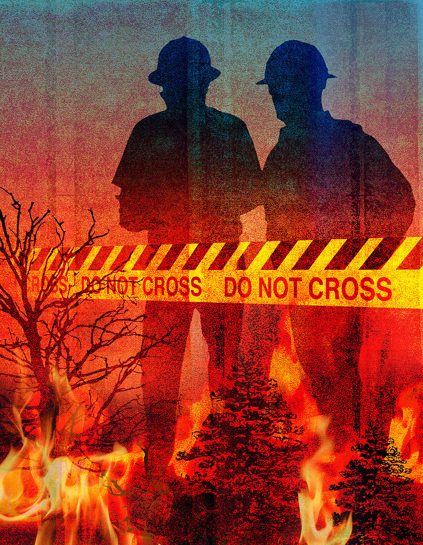 Firefighters responding to a wildfire, illustration