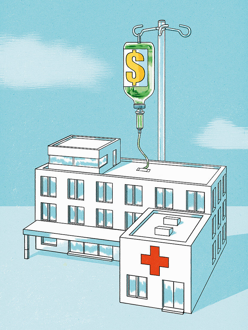 Infusion of dollars for a hospital, conceptual illustration