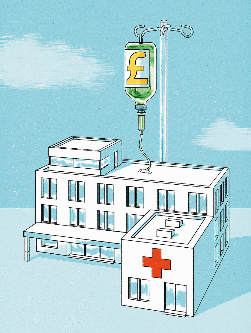 Infusion of pounds for a hospital, conceptual illustration