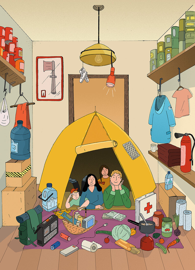 Family camping indoors, illustration