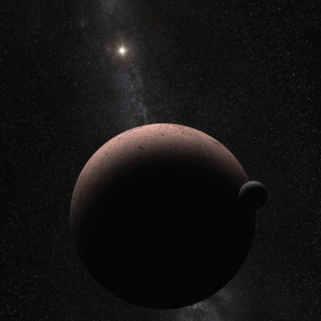 Dwarf planet Makemake with orbiting moon, illustration