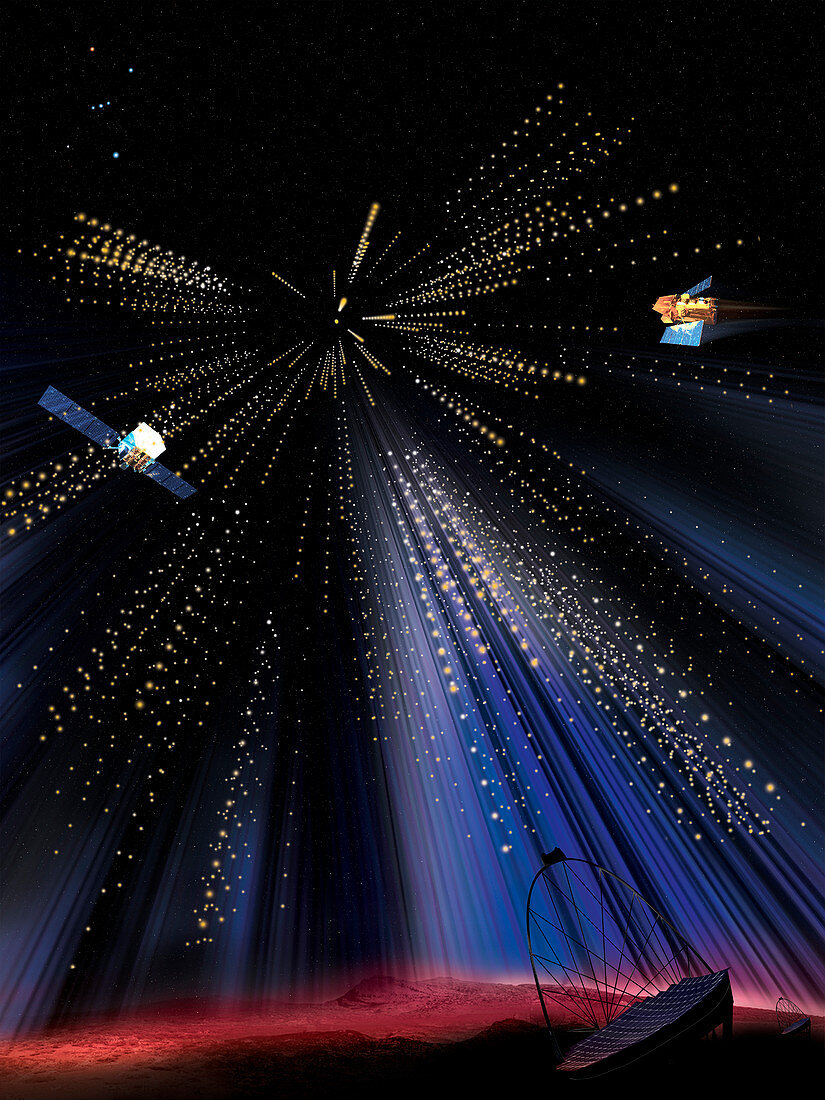 Gamma rays flooding detectors on satellites, illustration