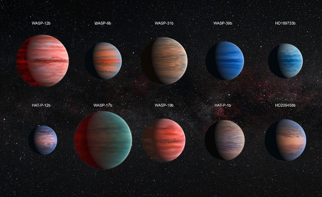Ten hot Jupiter exoplanets, illustration