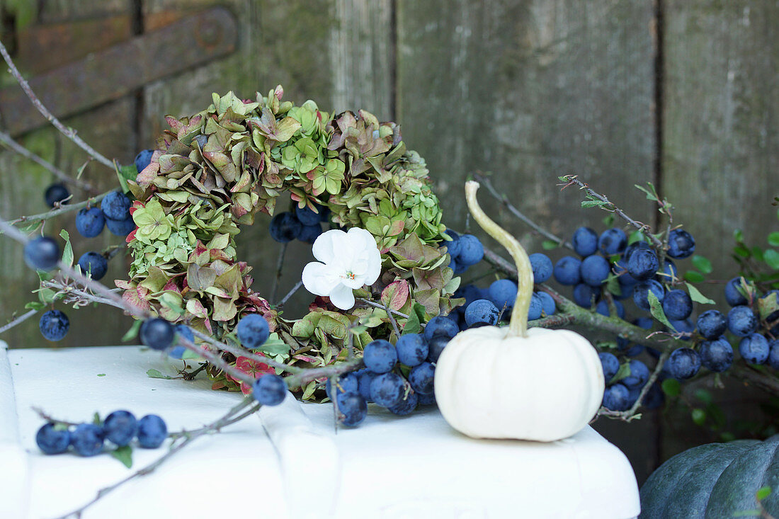 Herbst Arrangement mit Schlehenzweig, Kranz aus Hortensienblüten und weißer Kürbis
