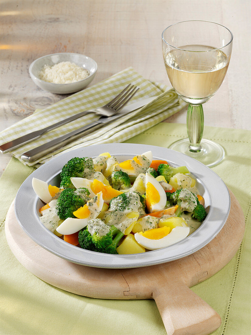 Refined egg ragout with vegetables and herb sauce