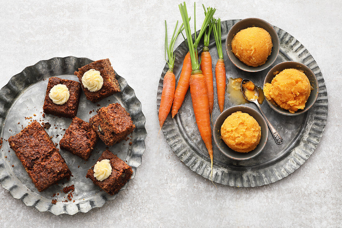 Vegan carrot-ginger sorbet and carrot cakes