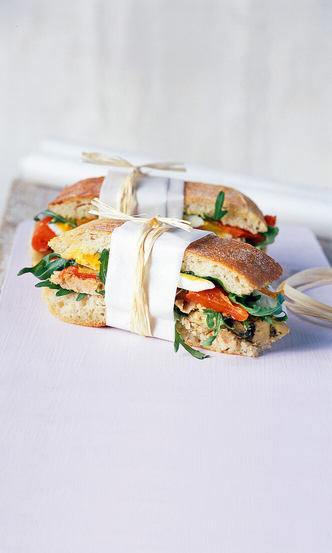 Healthy snadiwch with arugula, tomateoes and egg