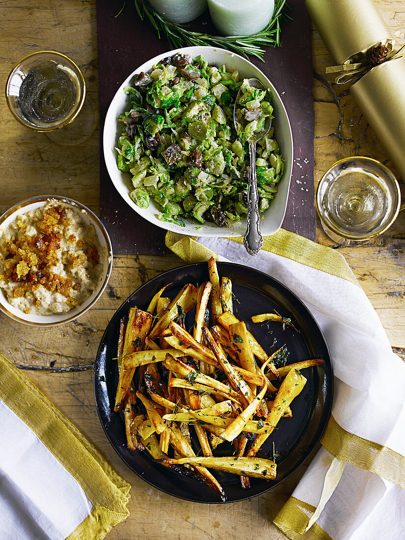 Creamed sprouts with chestnuts, Salted maple-roasted parsnips