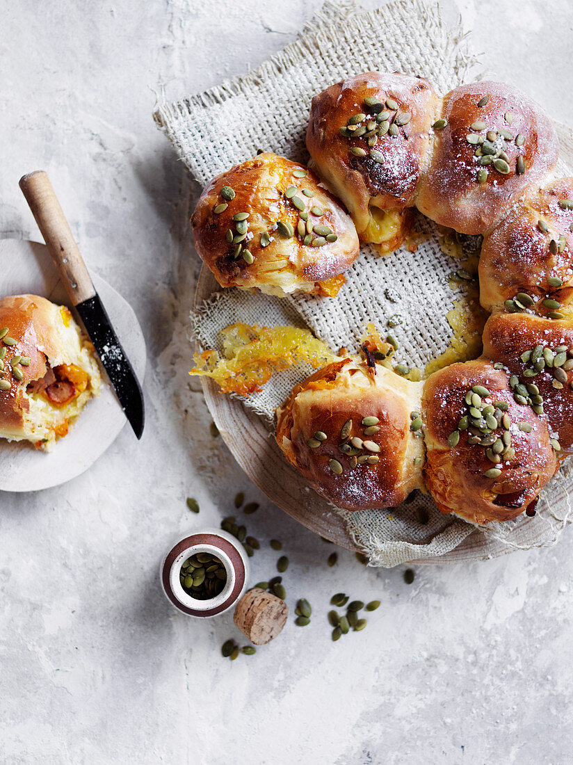 Pumpkin, taleggio and pancetta rolls