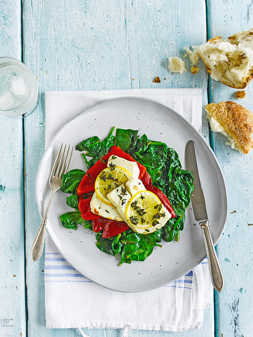 Thyme-baked halloumi with peppers