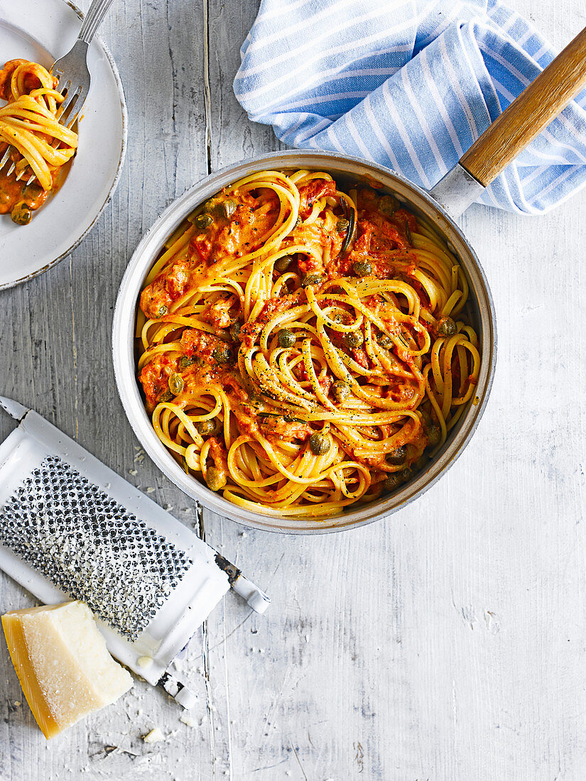 Linguine with creamy tomato, rosemary and caper sauce