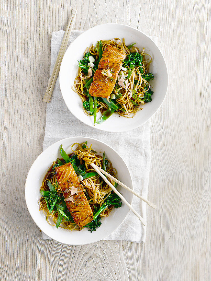 Salmon noodles with sushi ginger