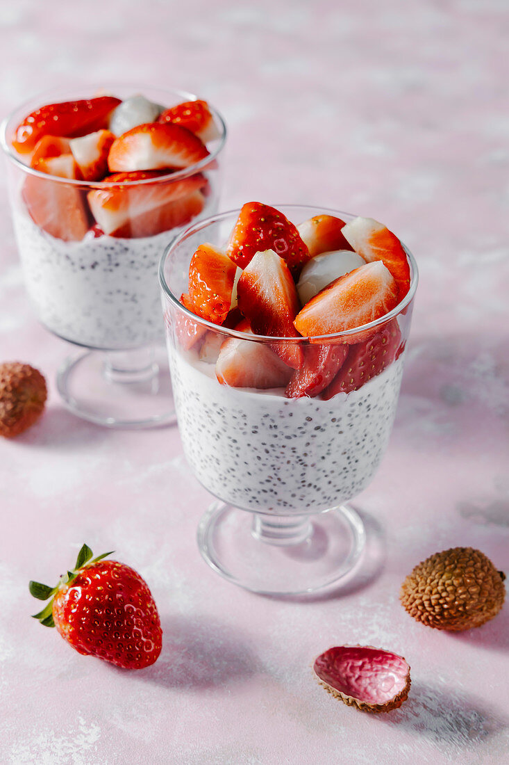 Kefir chia pudding with fresh strawberry and lychee