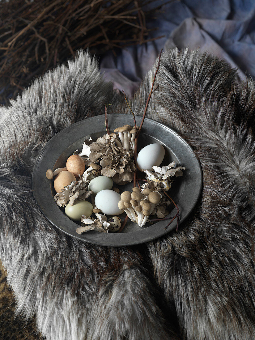 Assortment of Fresh Eggs and Wild Mushrooms on Pewter Plate on Fur