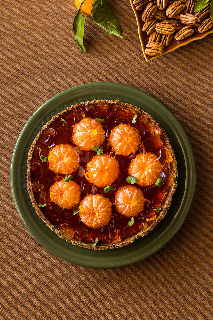Mandarin jelly pie in pecan nut crust