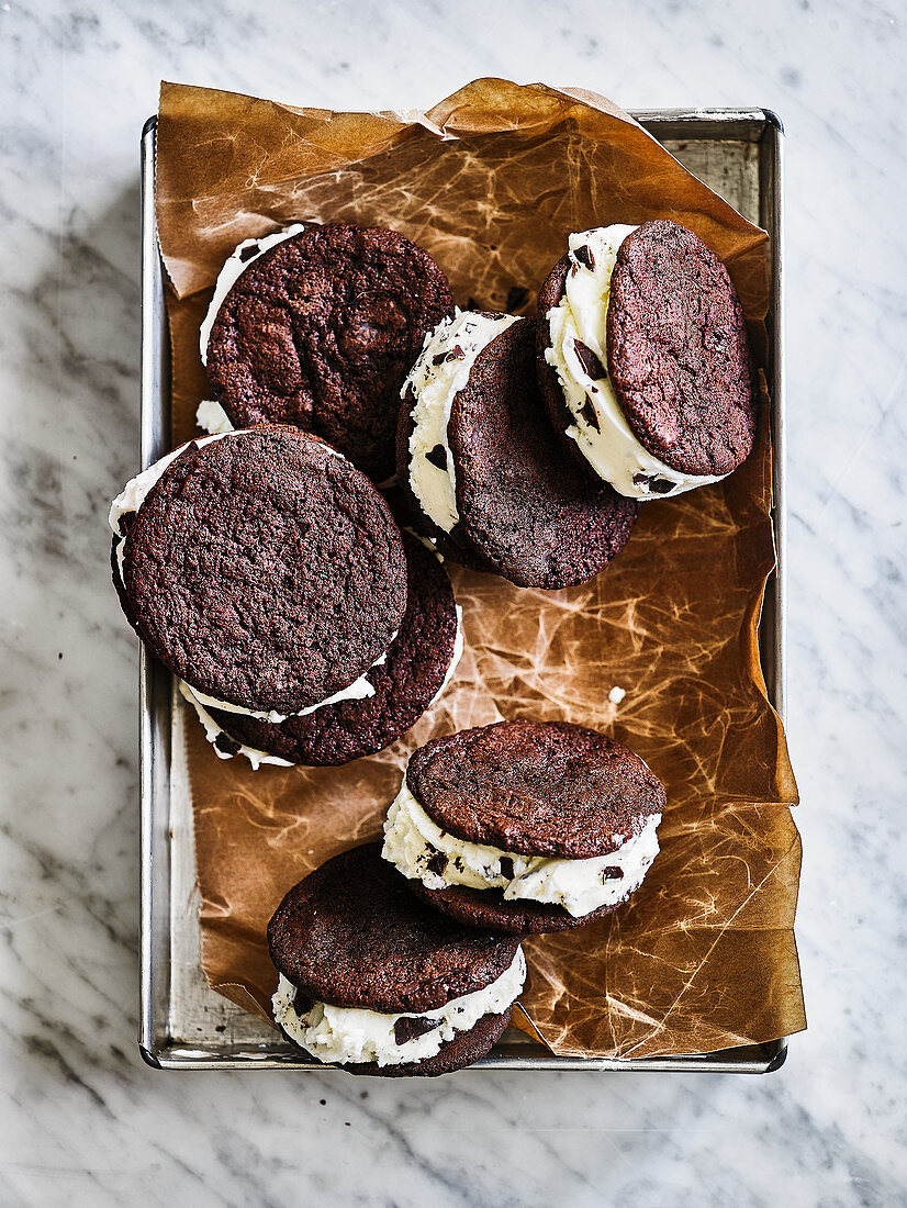 Eis-Sandwiches mit Schokoladenkeks und Minzeis