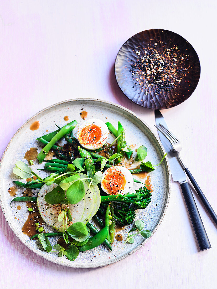 Green Salad with Beans, Apple, Soft Boiled Egg, Miso and Maple Dressing