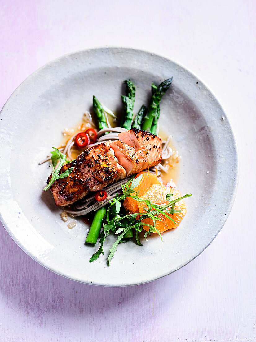 Soba Noodles with Grilled Salmon, Asparagus and Yuzu Orange Dressing