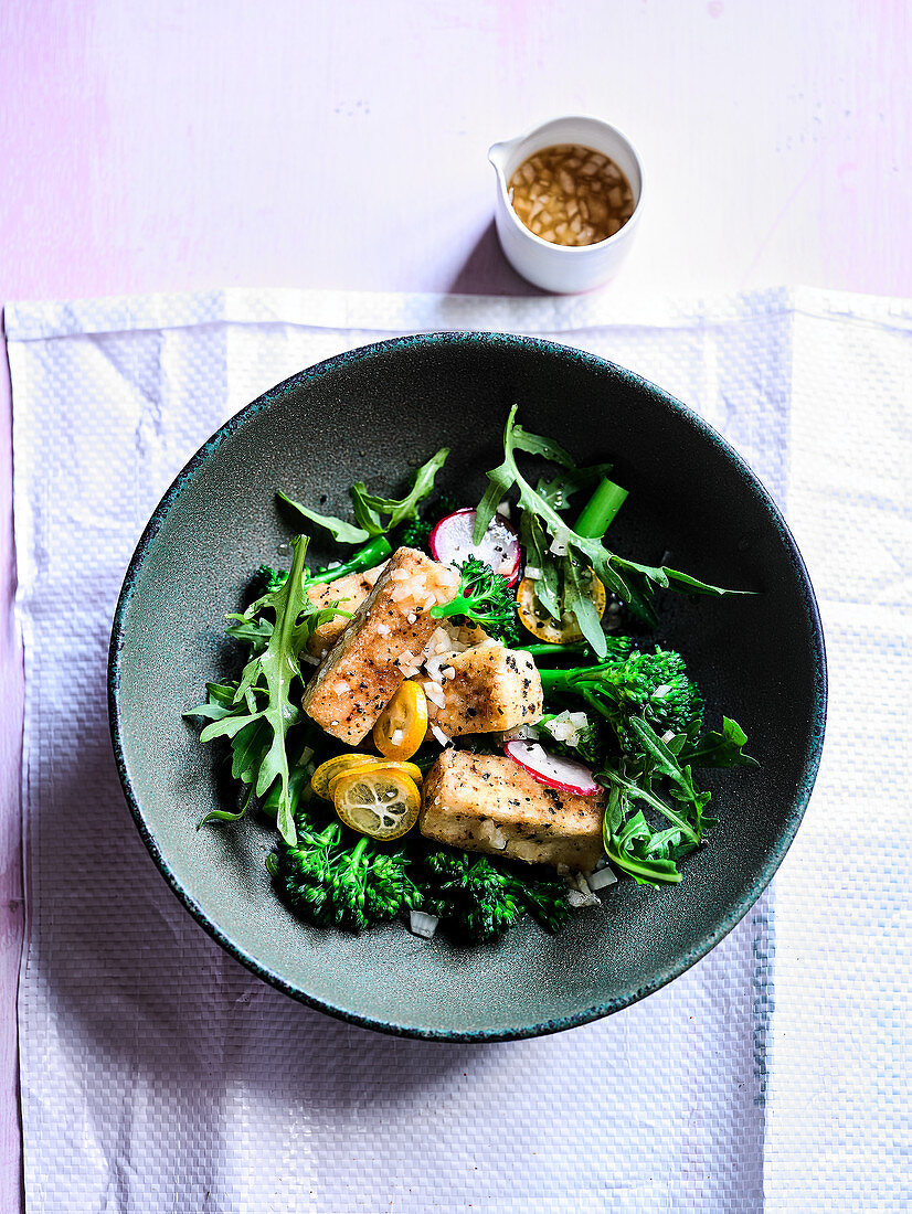 Togarashi Crusted Tofu with Broccoli and Soy Shallot Dressing