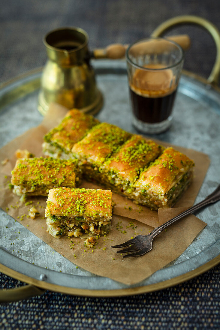 Homemade baklava with pistachios, hazelnuts, almonds and orange syrup