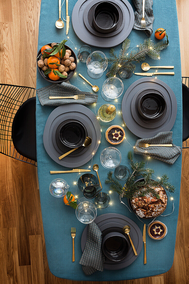Overhead view of a set dining table for Christmas