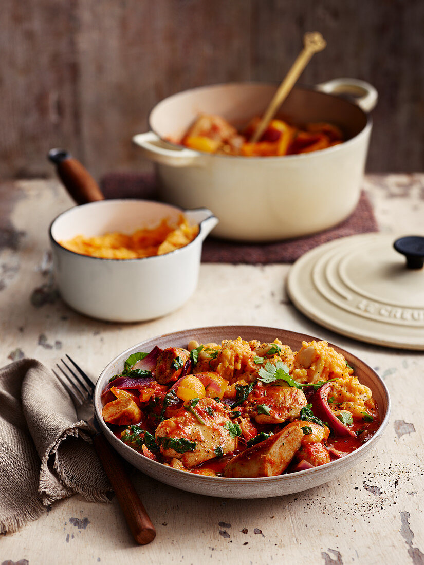 One Pot Chorizo Chicken and Spinach Stew with Butter Bean Mash