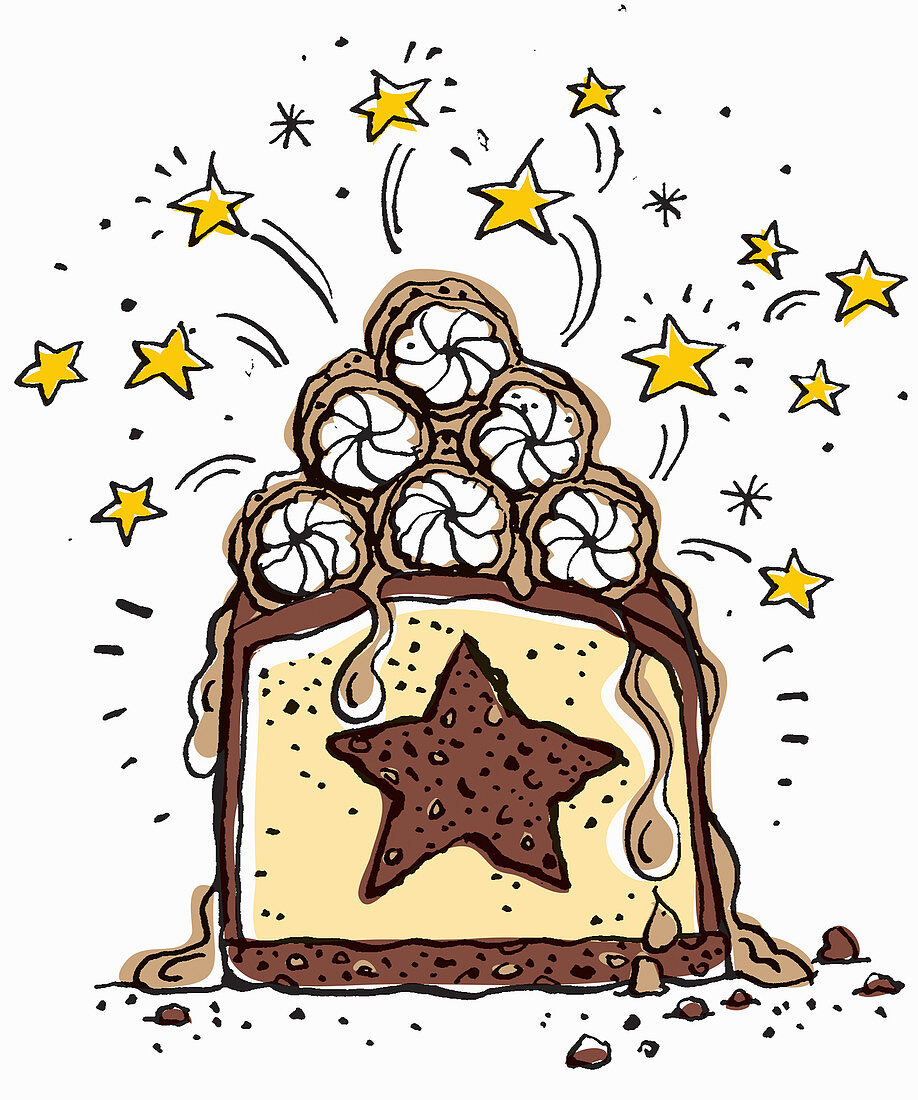 Lebkuchen-Käsekuchen mit Schokolade und Karamell und Brandy Snpas(Illustration)