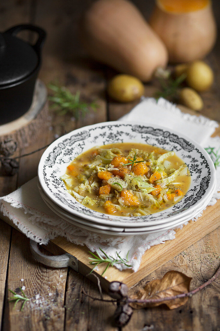 Vegetable soup with pumpkin, potatoes and cabbage