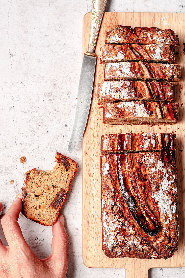 Whole grain banana bread with walnuts and dried dates