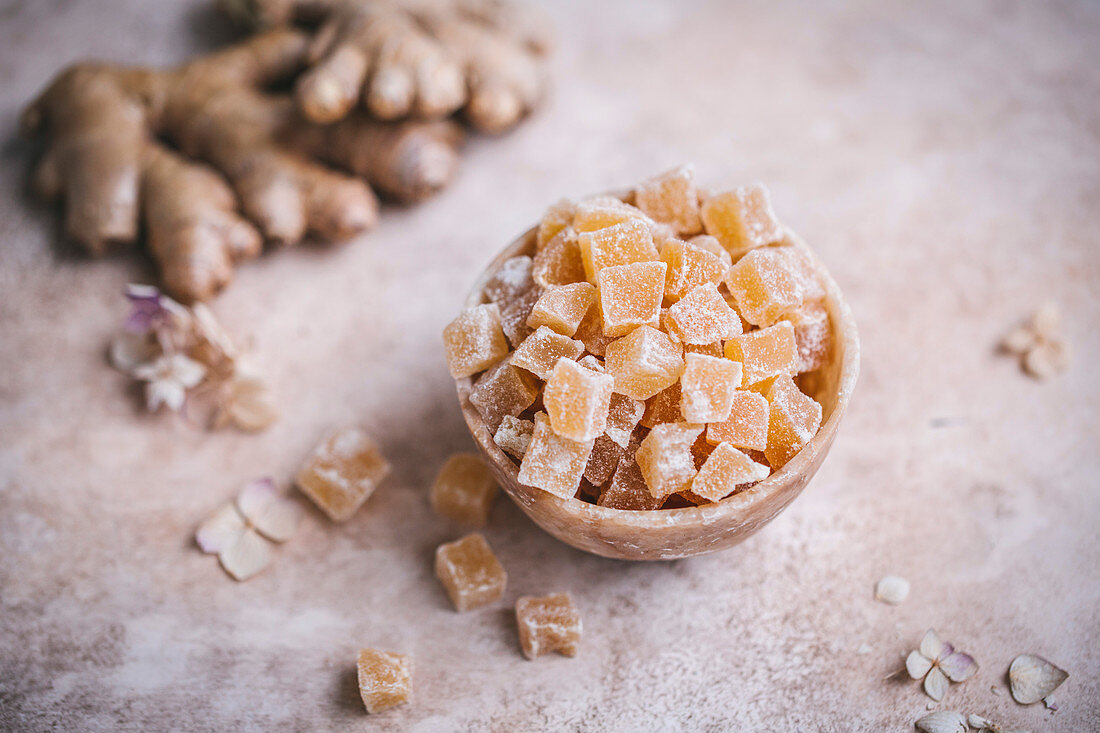 Candied ginger in a small ceramic bowl