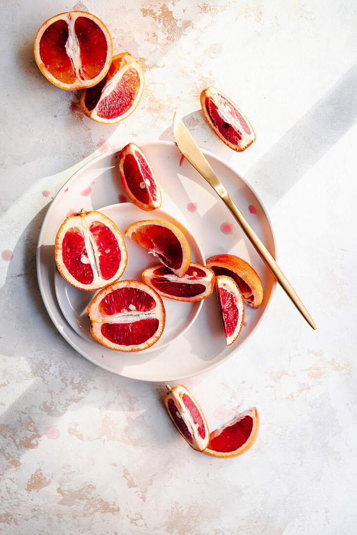 Blood oranges sliced on a plate