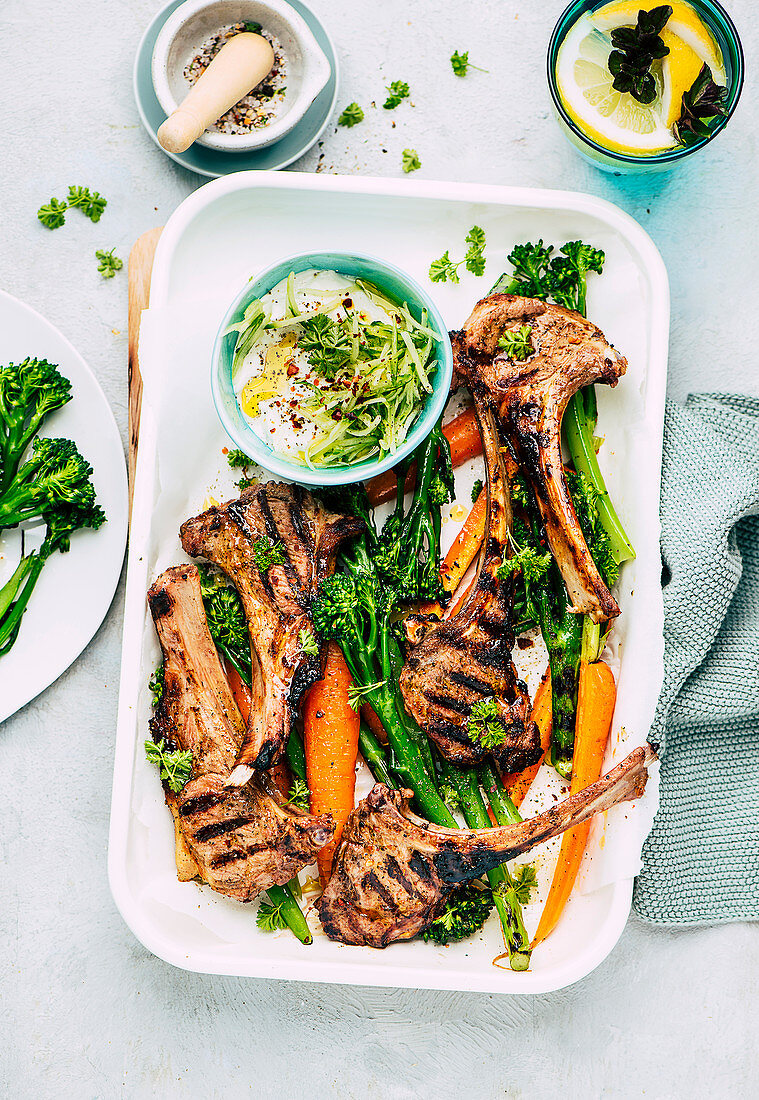 Grilled lamb chops with vegetables and tzatziki