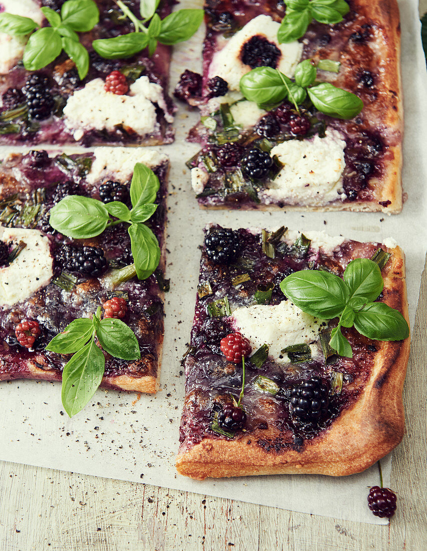 Ricotta blackberry pizza with basil