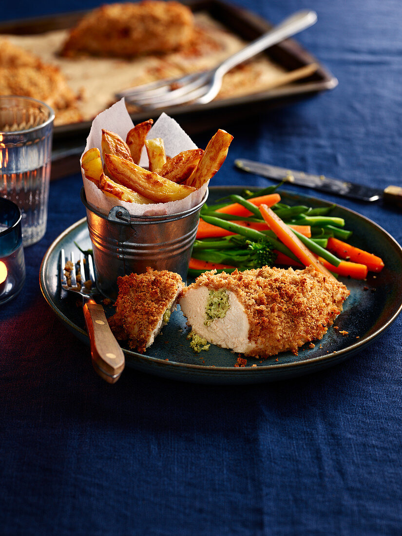 Chicken Kiev with Chunky Chips and Vegetable