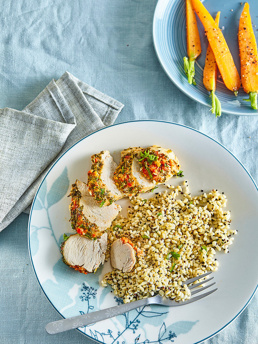 Roasted turkey breast with carrot and bulgur salad