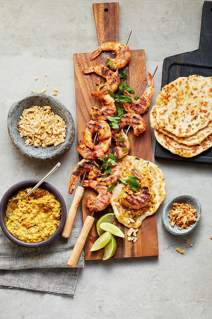 Tandoori shrimp with peanut lentil dal