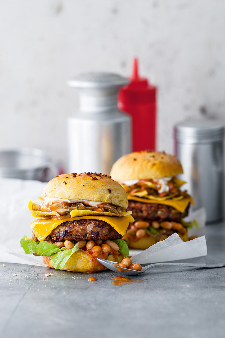 Vegetarian bean patty burger with beans and cheddar