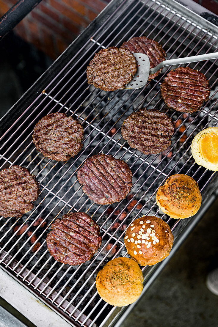 Burger patties on a grill