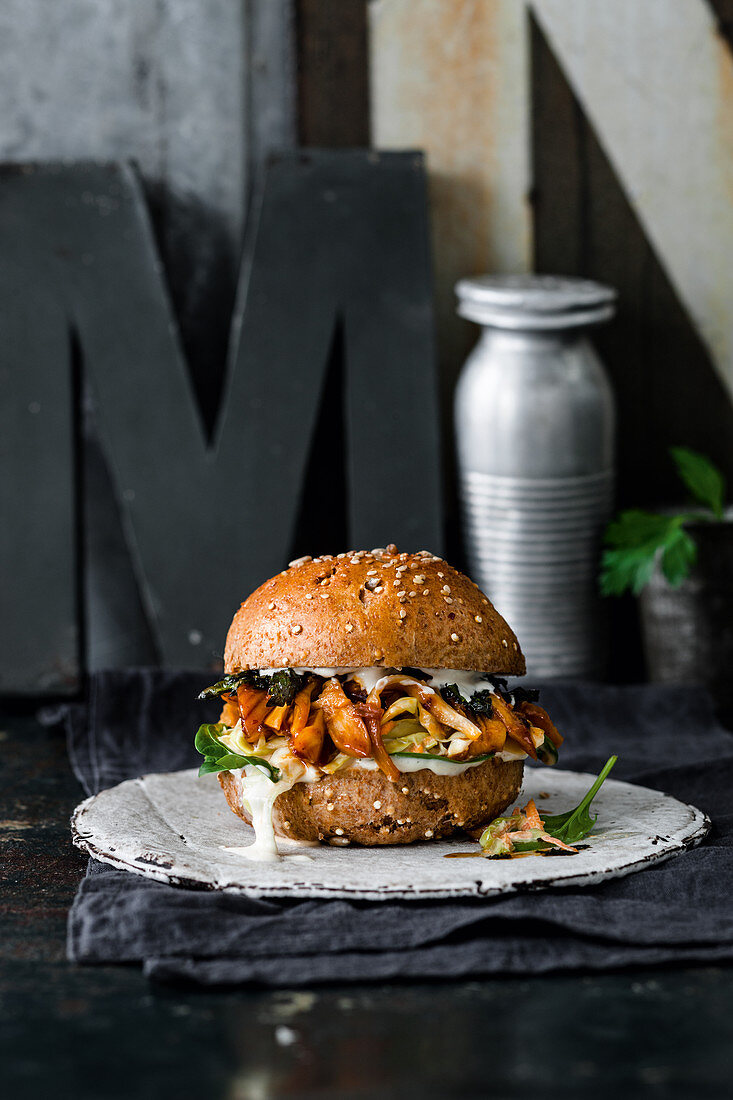 Pulled mushroom burger with truffle mayonnaise and whiskey BBQ sauce