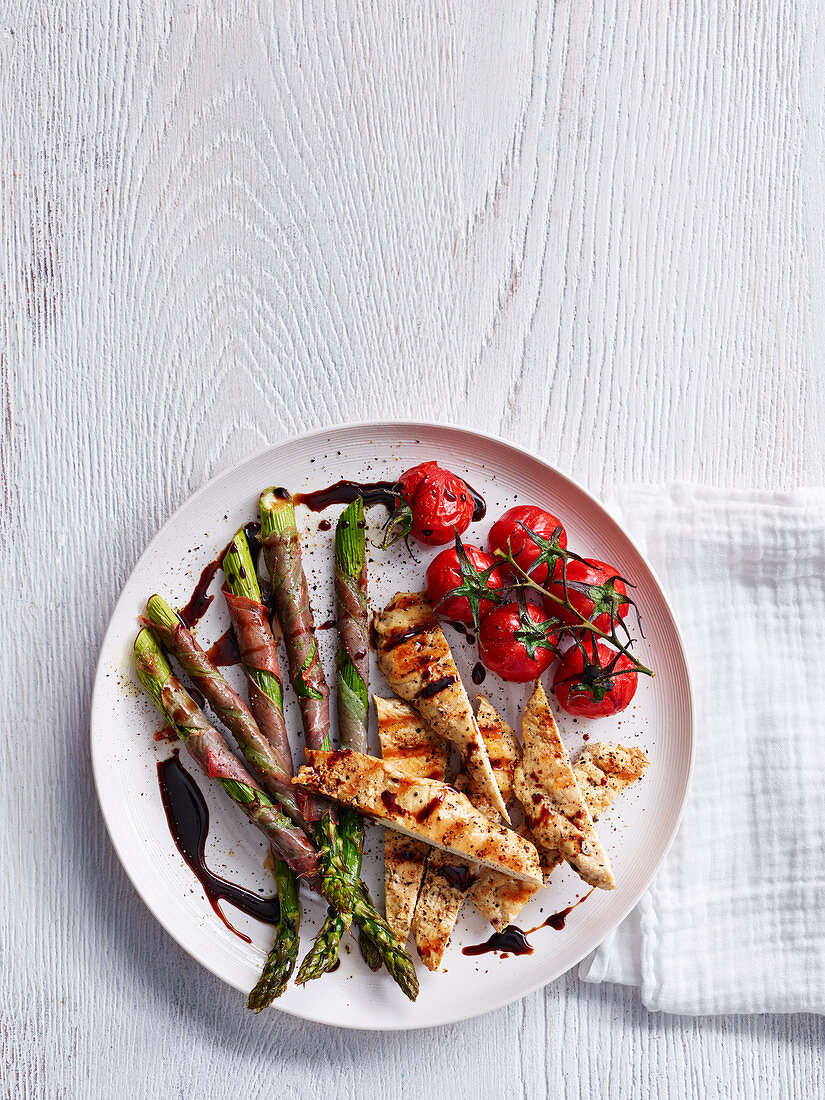 Grilled Chicken Breast with Prosciutto Wrapped Asparagus