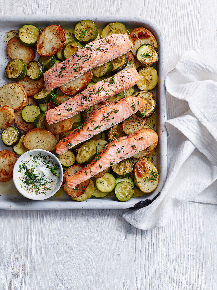 Layered Courgette and Salmon Traybake