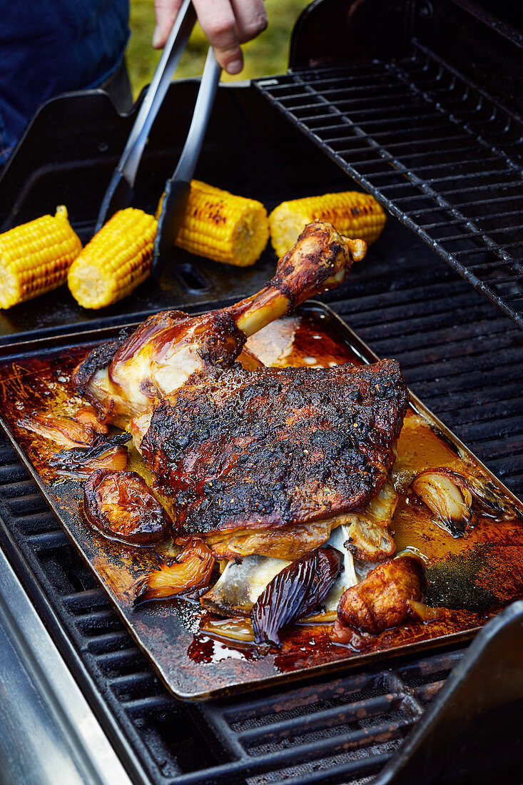 Lamb shoulder cooked in a smoker