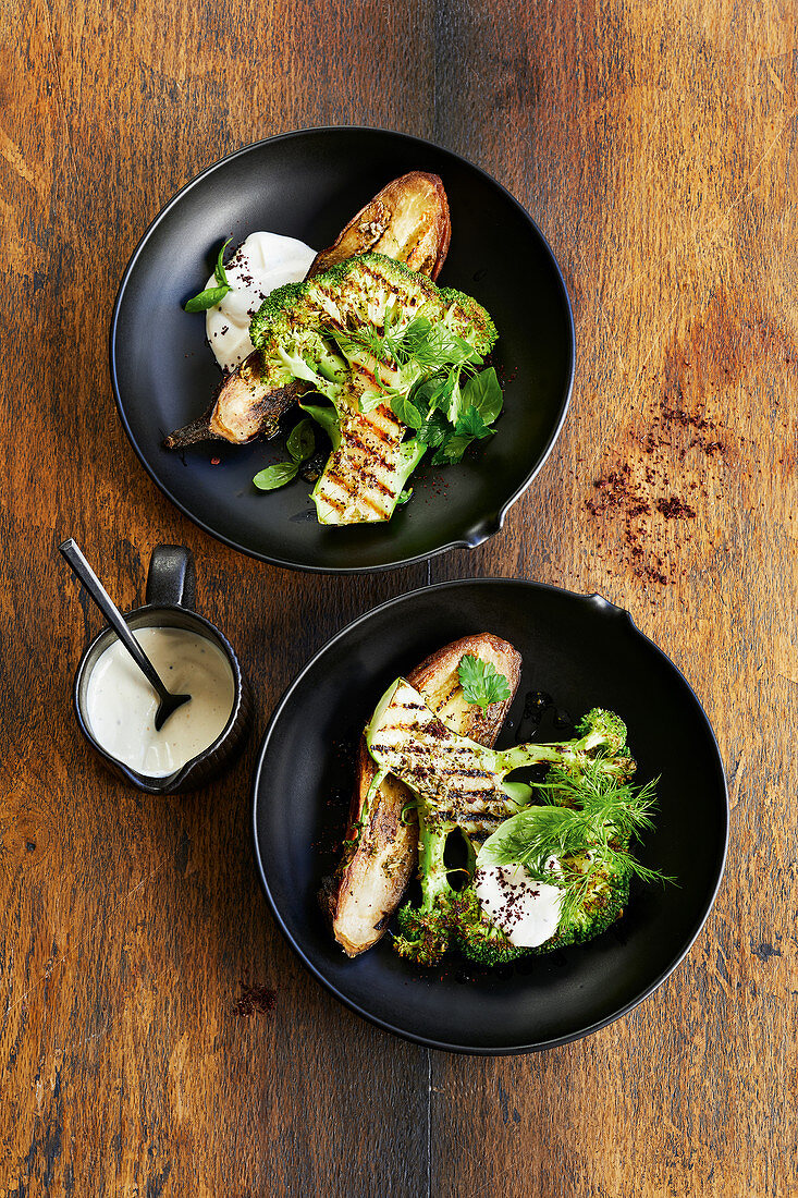 Broccoli steaks with yogurt tahini