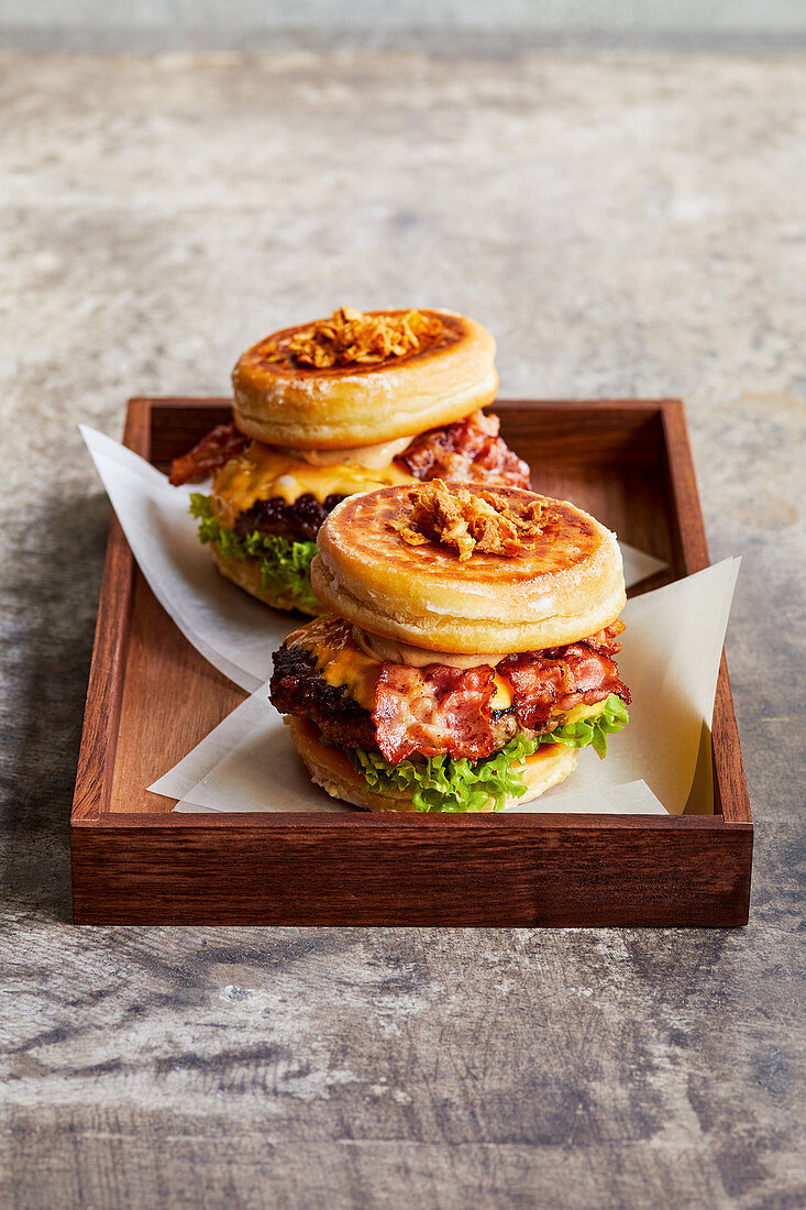 Donut burgers with bacon